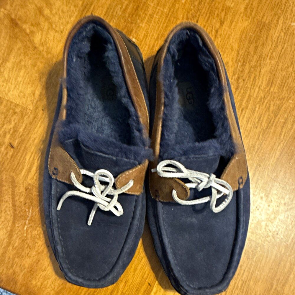 UGG Men's Blue Suede Lined Lace-Up Moccasin Slippers Rubber Sole Round Toe